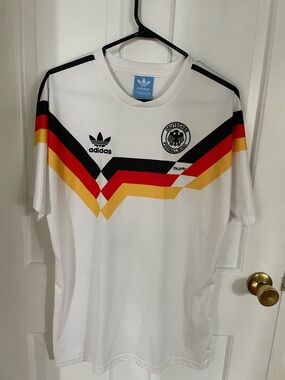 adidas White Soccer Tee with Black, Red & Yellow Chevron Stripes